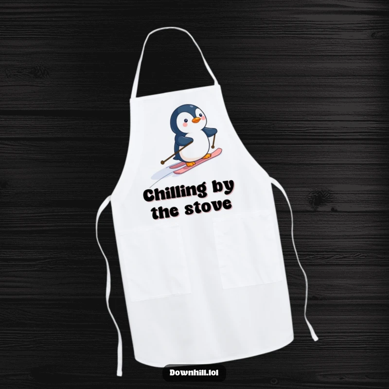 Funny penguin in tiny skis, skiing down a slope, printed on a durable apron for a humorous and practical kitchen accessory.