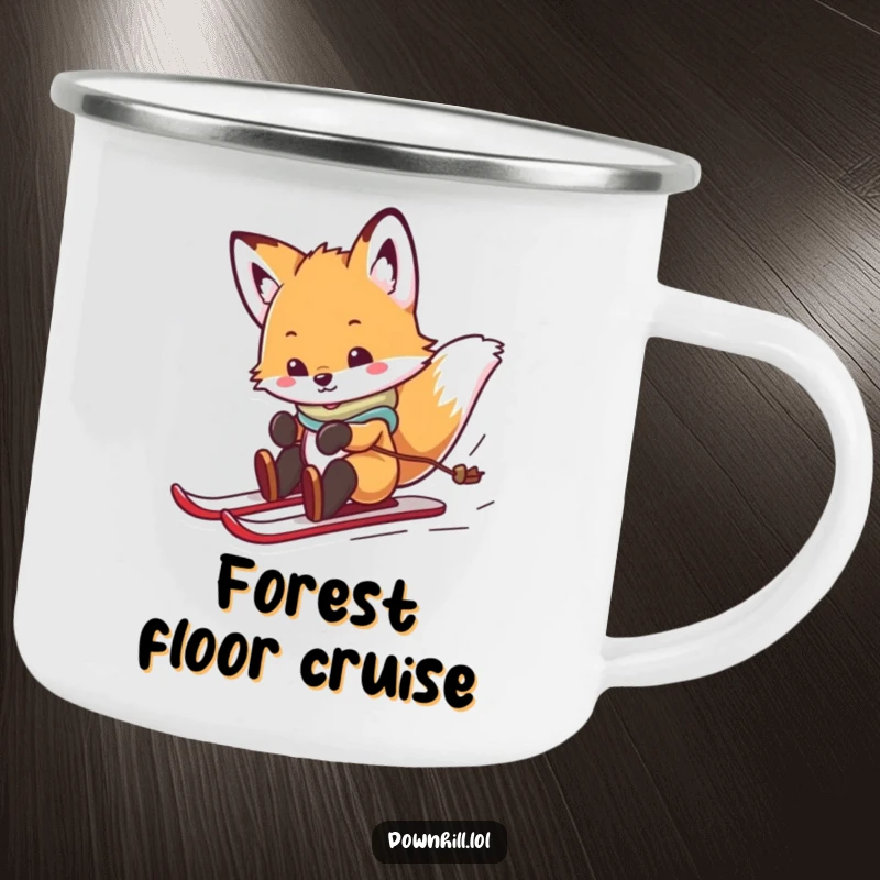 Durable camping mug featuring a funny, playful fox cub on skis, spinning and sliding with joy, bringing humor to outdoor activities.