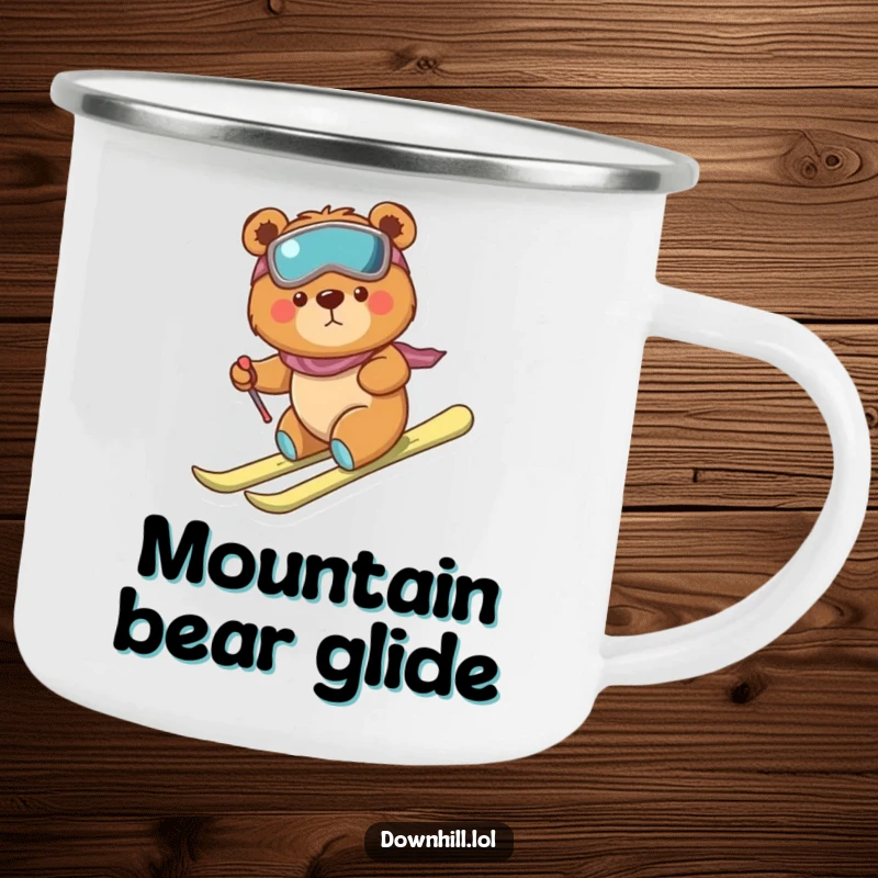 Durable camping mug featuring a funny, determined bear cub on skis, making a brave but clumsy descent, bringing humor to outdoor activities.