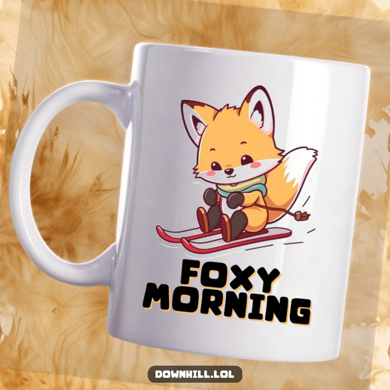 Funny fox cub wearing skis, playfully sliding and spinning down a snowy hill, depicted on a ceramic mug for charming winter vibes.