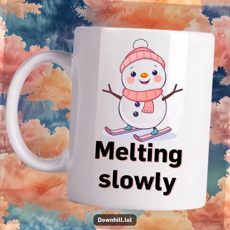 Funny, cheerful snowman character on a mug, wearing tiny skis and wobbling hilariously down a snowy path.