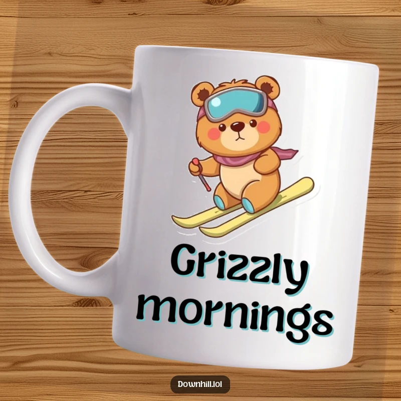 Funny, tiny, determined bear on a mug, wearing skis and making a brave but clumsy descent down a snowy slope.