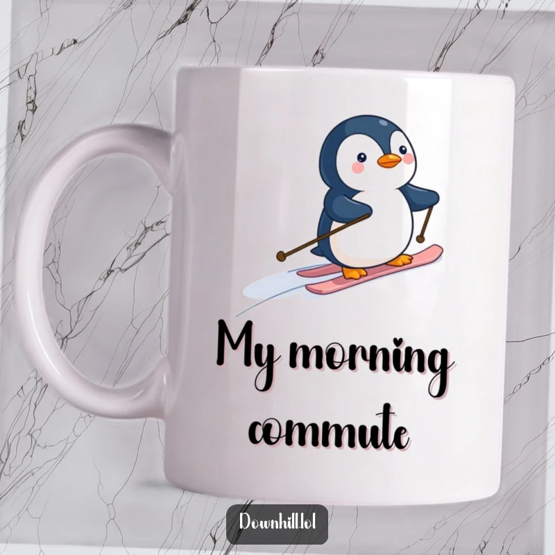 Funny penguin wearing tiny skis, gracefully gliding down a snowy slope, captured on a ceramic mug for a humorous winter vibe.