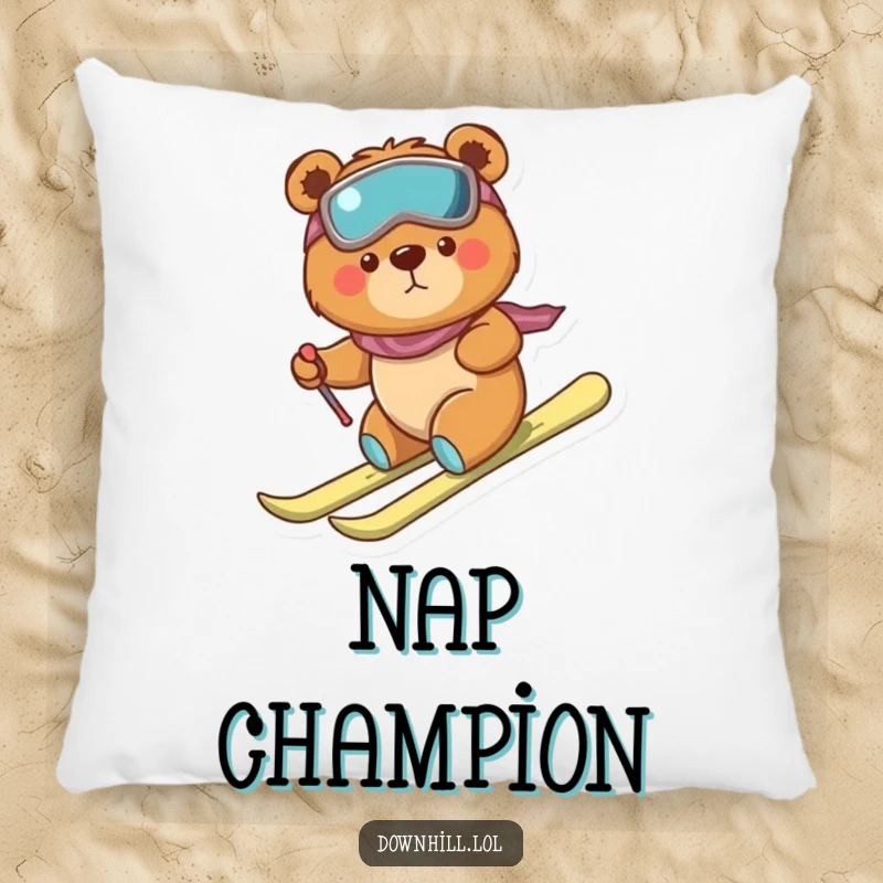 Soft pillow featuring a funny, determined bear cub in skis, making a brave but clumsy descent, perfect for adding cozy inspiration.