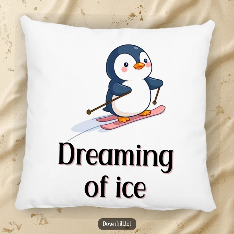 Soft pillow featuring a funny penguin skier, comically descending a snowy hill, adding comfort and humor to any living space.