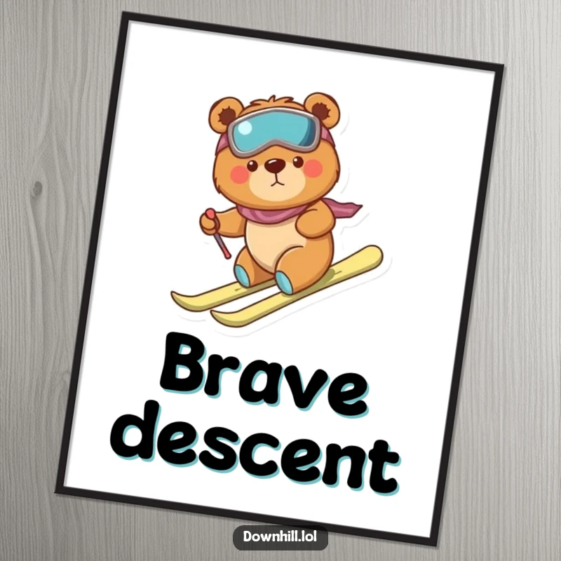 Funny, determined bear cub wearing skis, making a brave but clumsy descent, as a downloadable digital art print for inspiring decor.