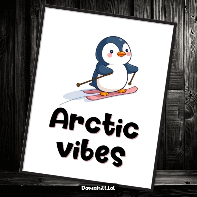 Funny penguin wearing tiny skis, gleefully gliding down a snowy slope, as a downloadable digital art print for humorous wall decor.