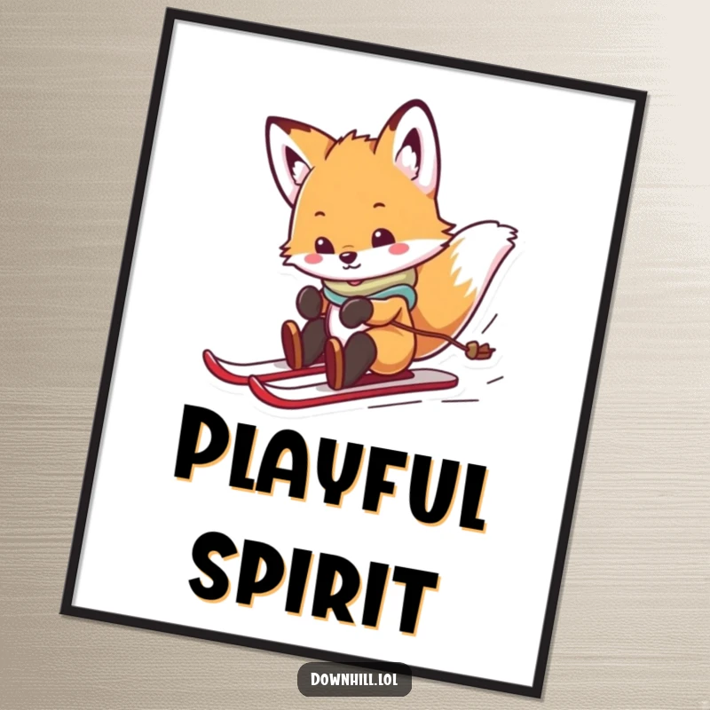 Funny, playful fox cub wearing skis, spinning and sliding joyfully, as a downloadable digital art print for whimsical decor.