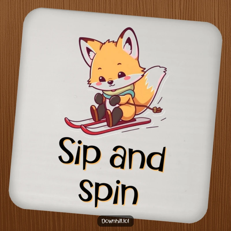 Funny, playful fox cub on a drink coaster, wearing skis and spinning with glee, adding charm and protection to any surface.