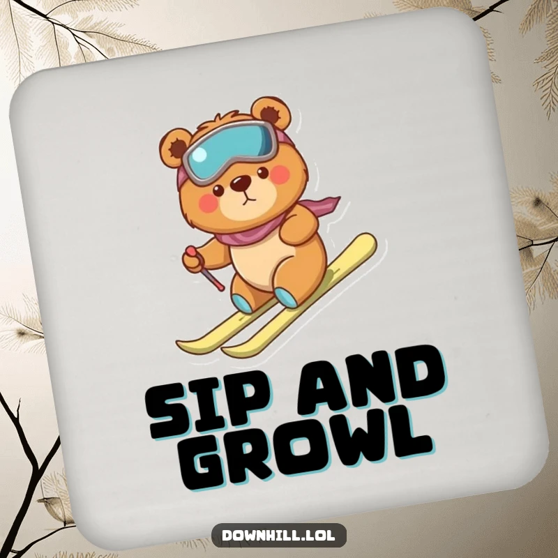 Funny, determined bear cub on a drink coaster, wearing skis and descending bravely but clumsily, adding charm and protection.