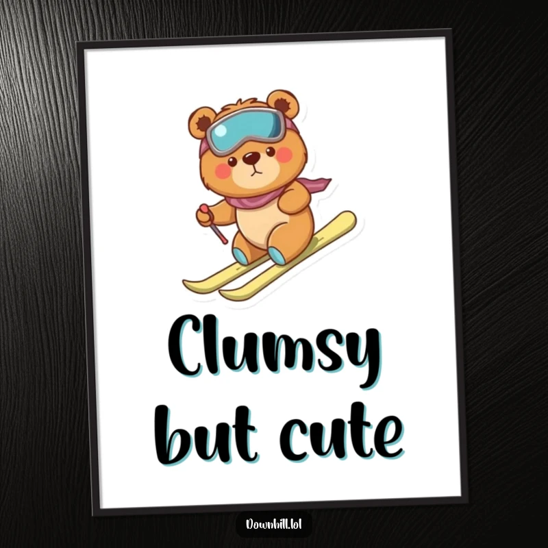Funny, tiny, determined bear on skis, making a brave but clumsy descent down a snowy hill, as a whimsical poster.