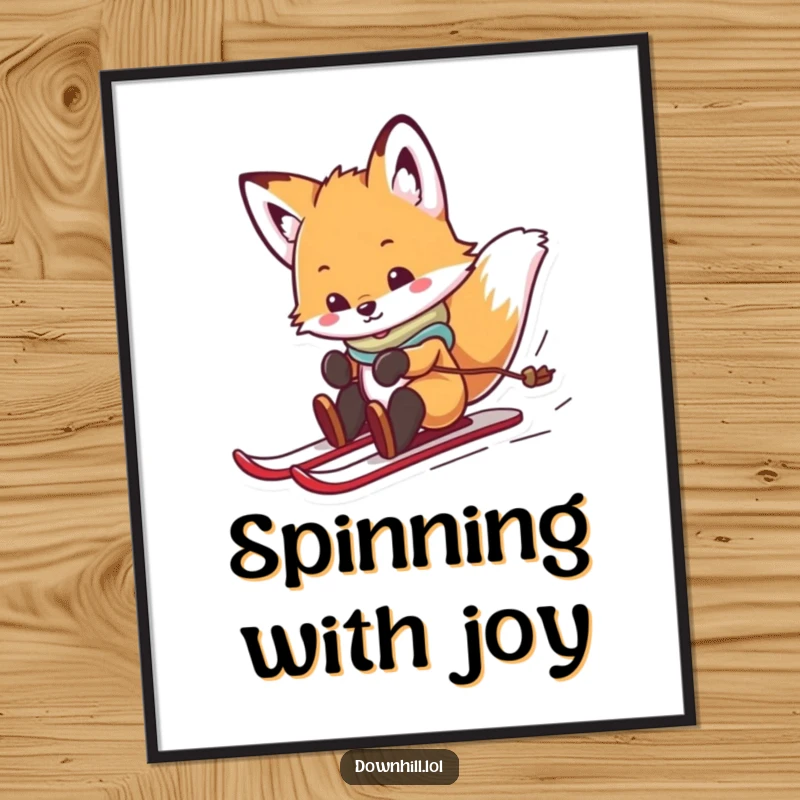 Funny, playful fox cub on skis, spinning and sliding joyfully down a snowy hill, presented as a whimsical poster.