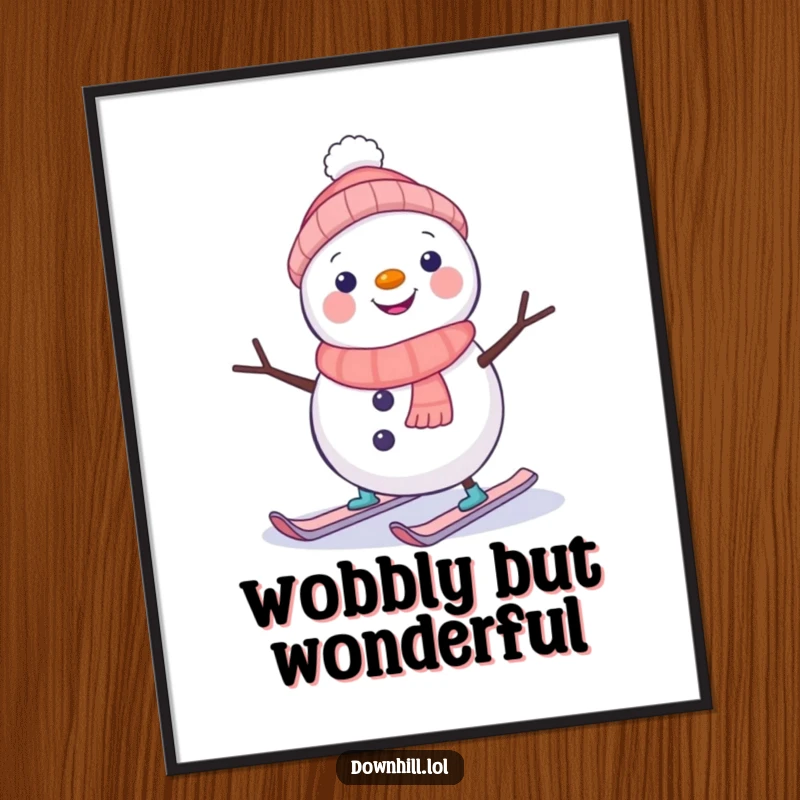 Funny snowman character on a poster, hilariously wobbling on tiny skis, bringing festive and humorous winter vibes.