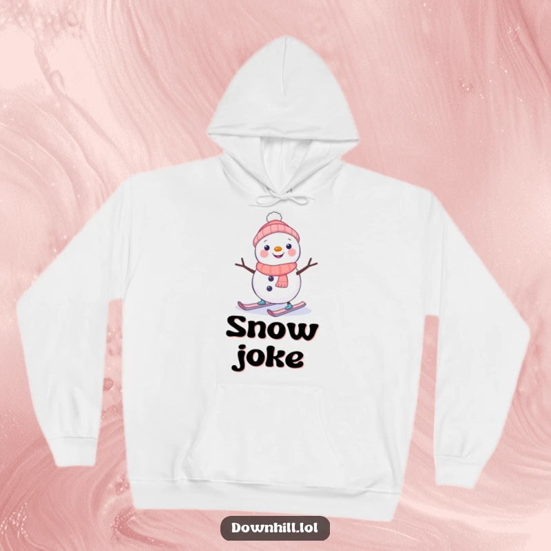 A cozy hoodie featuring a funny snowman character, hilariously attempting to ski with tiny skis, radiating warmth and humor.