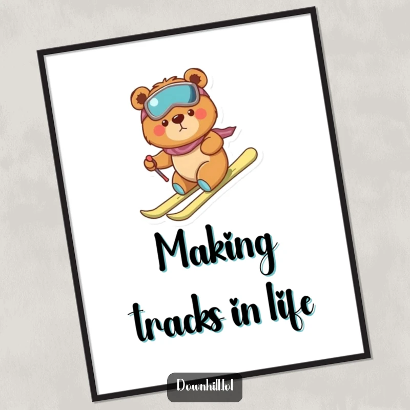 Funny Free Printable Wall Art: A tiny, determined bear on skis makes a brave but hilariously clumsy descent down a snowy slope.