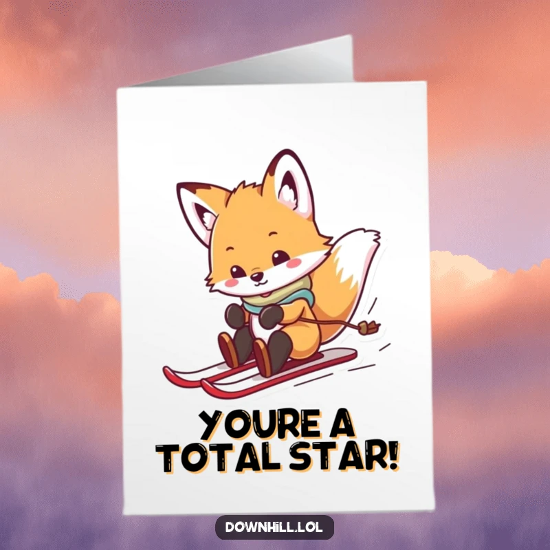 Funny Free Printable Congratulations Card: A playful fox cub on skis spins and slides, celebrating your fantastic achievement.