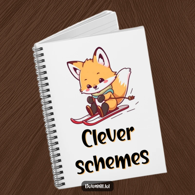 Funny, playful fox cub on a notebook cover, wearing skis and spinning joyfully, perfect for jotting notes with playful flair.