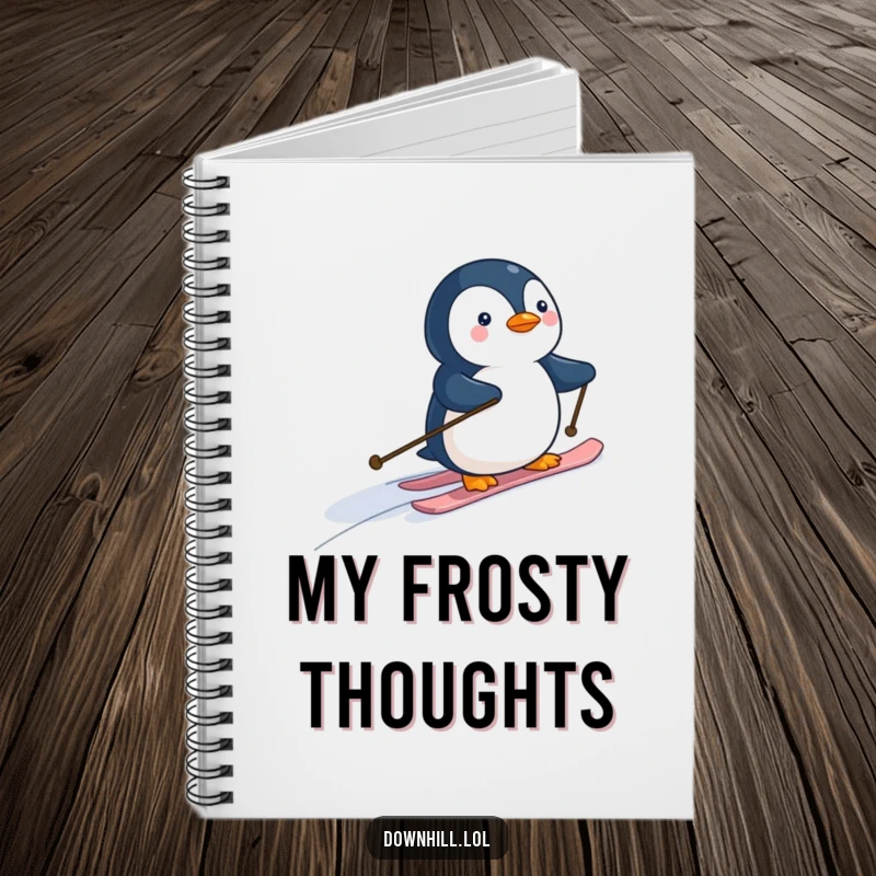 Funny penguin skier on a notebook cover, playfully sliding down a hill, perfect for jotting notes with humorous winter flair.