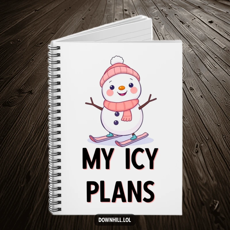 Funny snowman character on a notebook cover, wobbling hilariously on tiny skis, perfect for jotting notes with winter amusement.