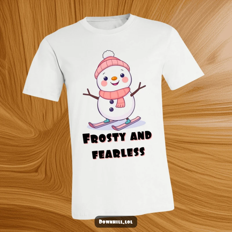 Funny snowman on a t-shirt, wearing tiny skis and wobbling hilariously, capturing pure winter amusement.