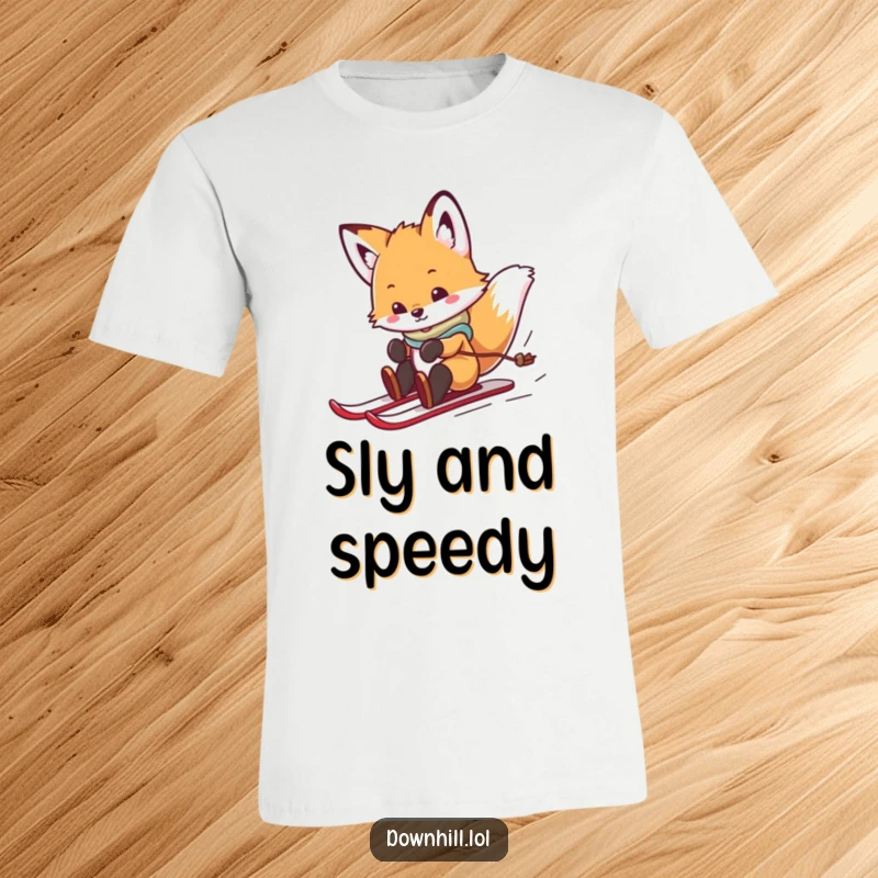 Funny, playful fox cub on a t-shirt, wearing skis, spinning and sliding with joyful abandon on a snowy slope.