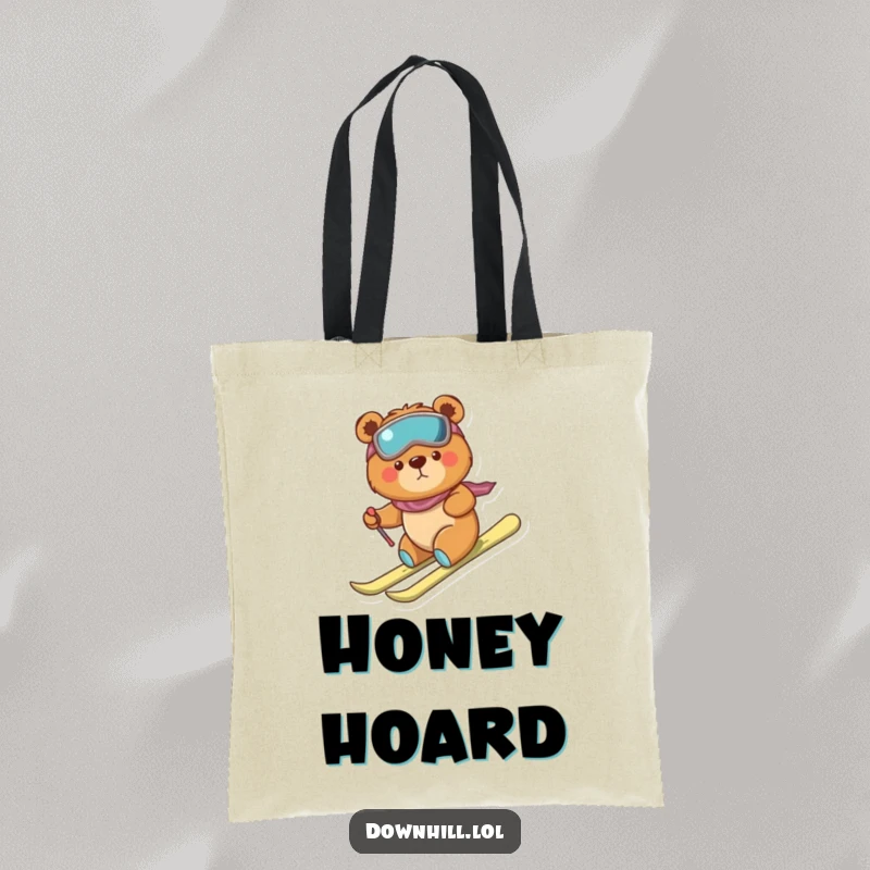 Durable tote bag featuring a funny, determined bear cub on skis, making a brave but clumsy descent, a humorous accessory.
