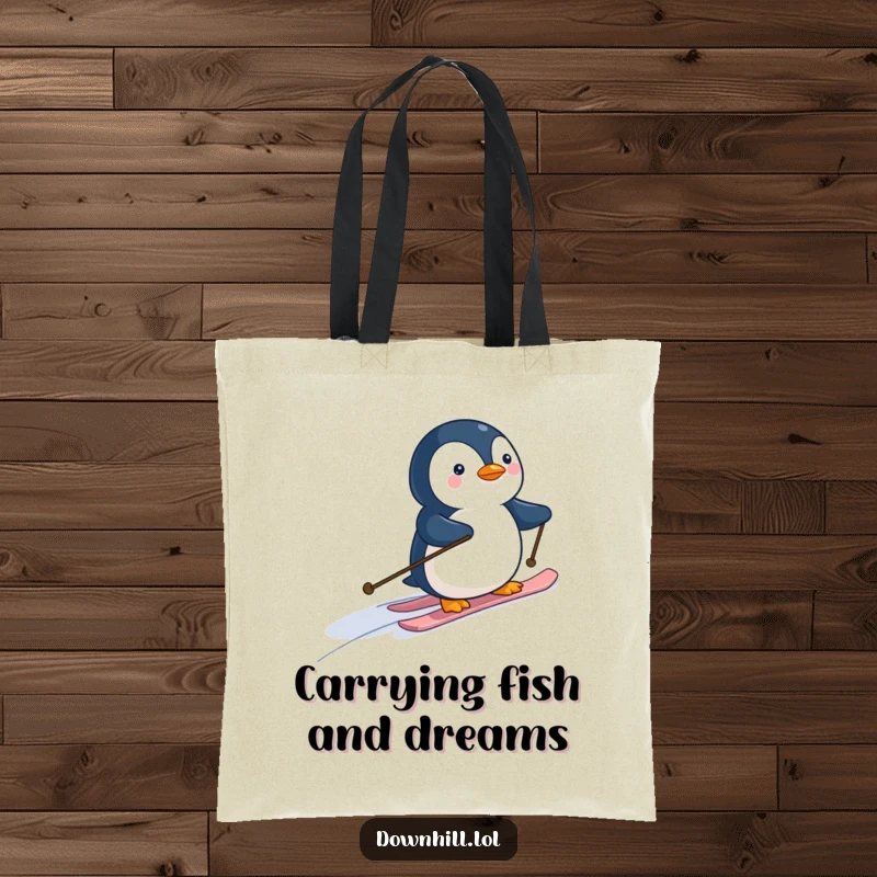 Funny penguin with tiny skis on a tote bag, cheerfully skiing down a slope. A durable and humorous accessory for daily use.